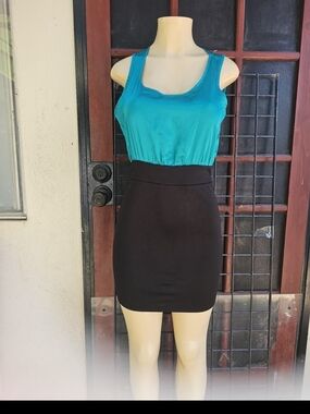 Sleeveless Teal and Black Mini Dress